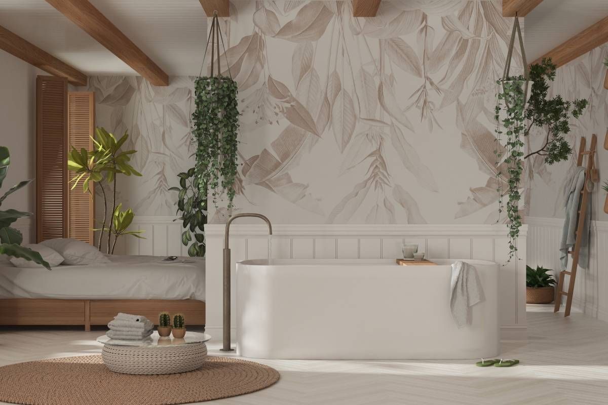 Trendy and cute wallpaper on a boho interior design style bedroom with a large bathtub at Rachel Brosky Interiors near Elizabethtown, Kentucky (KY)