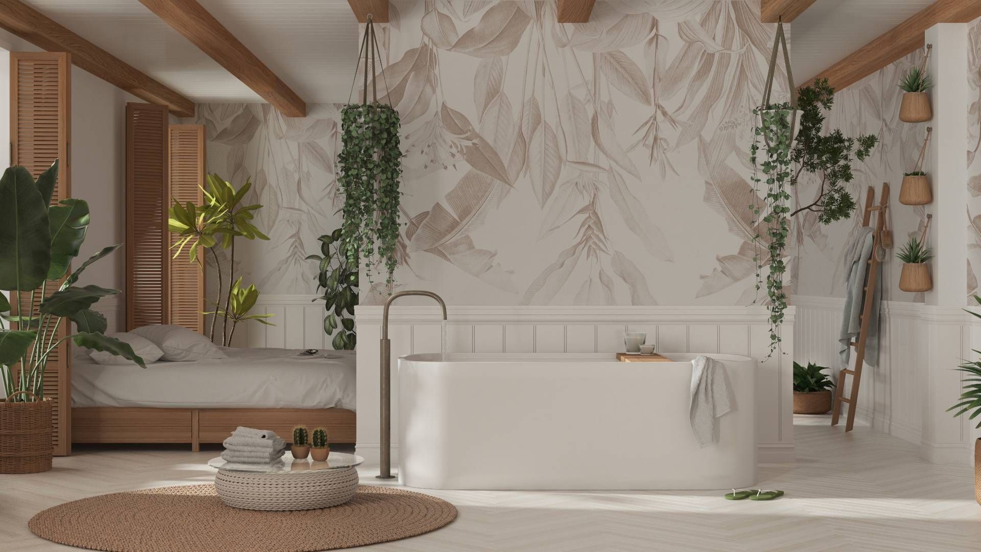 Trendy and cute wallpaper on a boho interior design style bedroom with a large bathtub at Rachel Bro