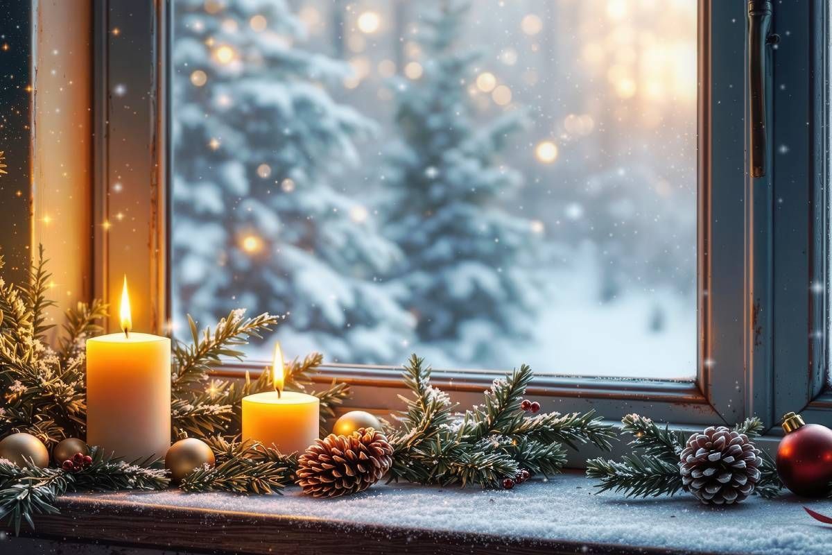 Window sill decorated with pine branches, red and gold ornaments, and lit candles at Rachel Brosky Interiors near Elizabethtown, Kentucky (KY)