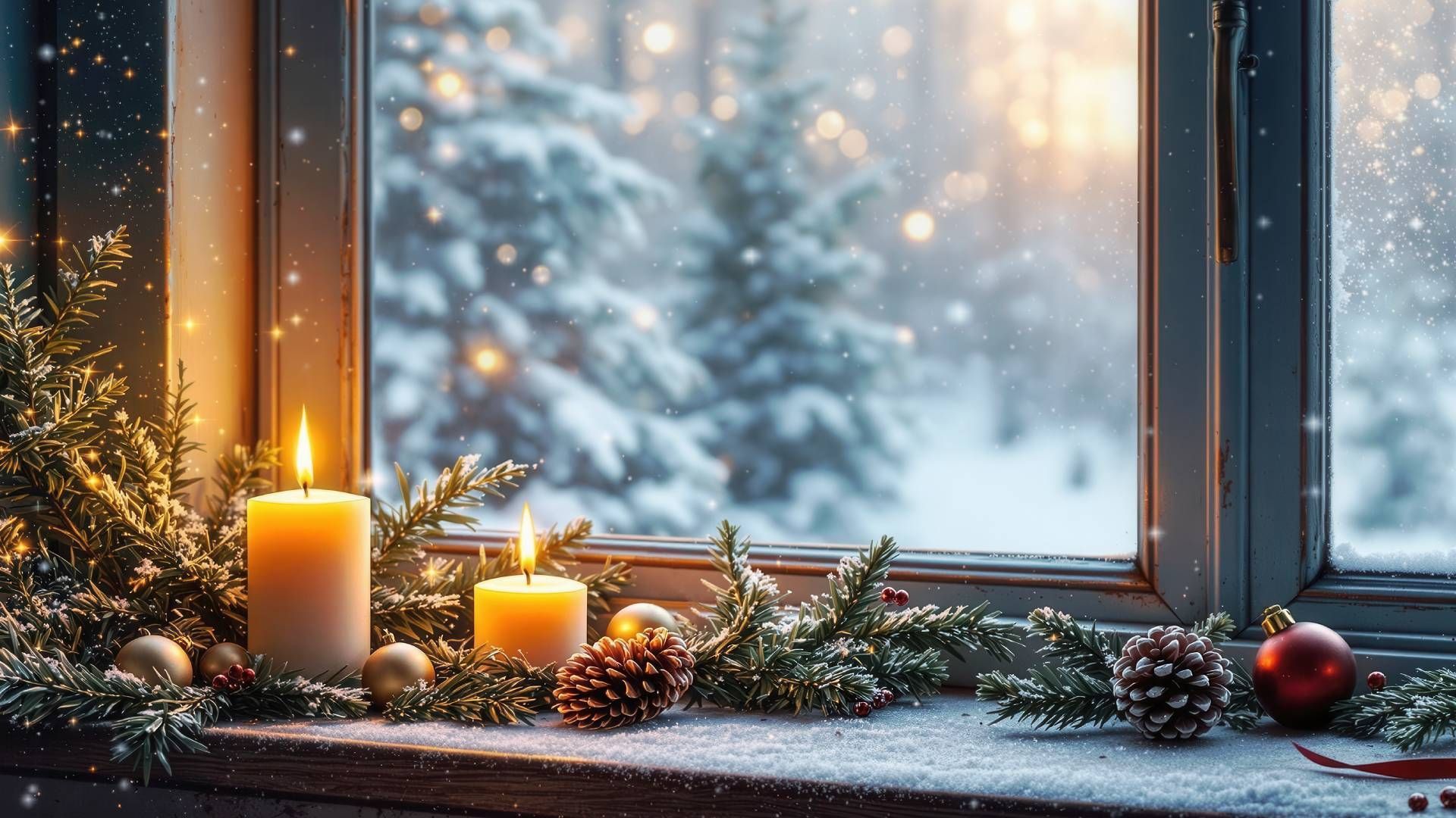 Window sill decorated with pine branches, red and gold ornaments, and lit candles at Rachel Brosky I