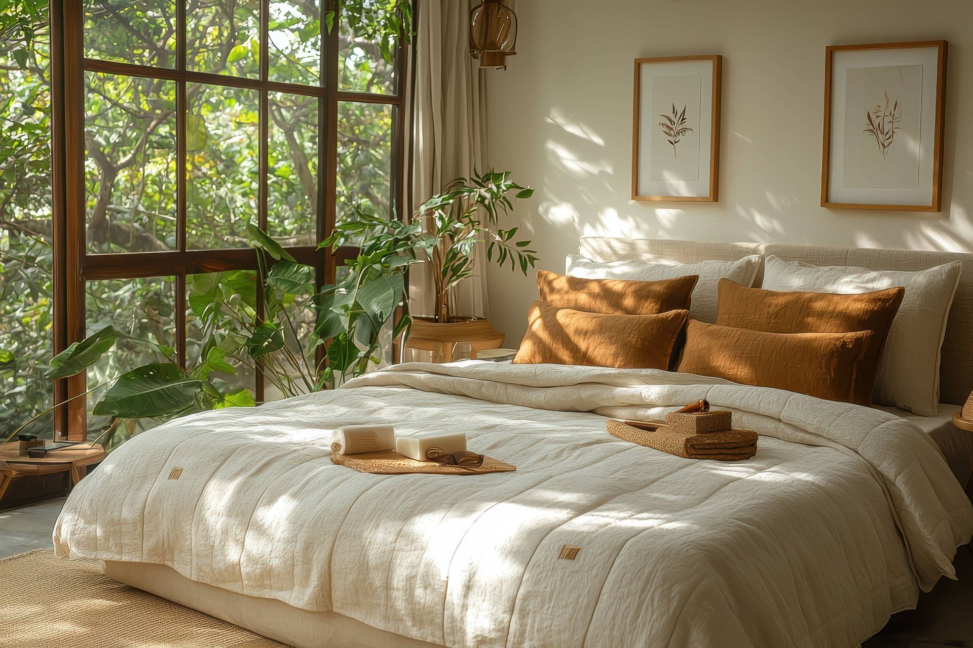 Dreamy bedroom with large windows, adorned with custom window treatments like drapes, custom bedding