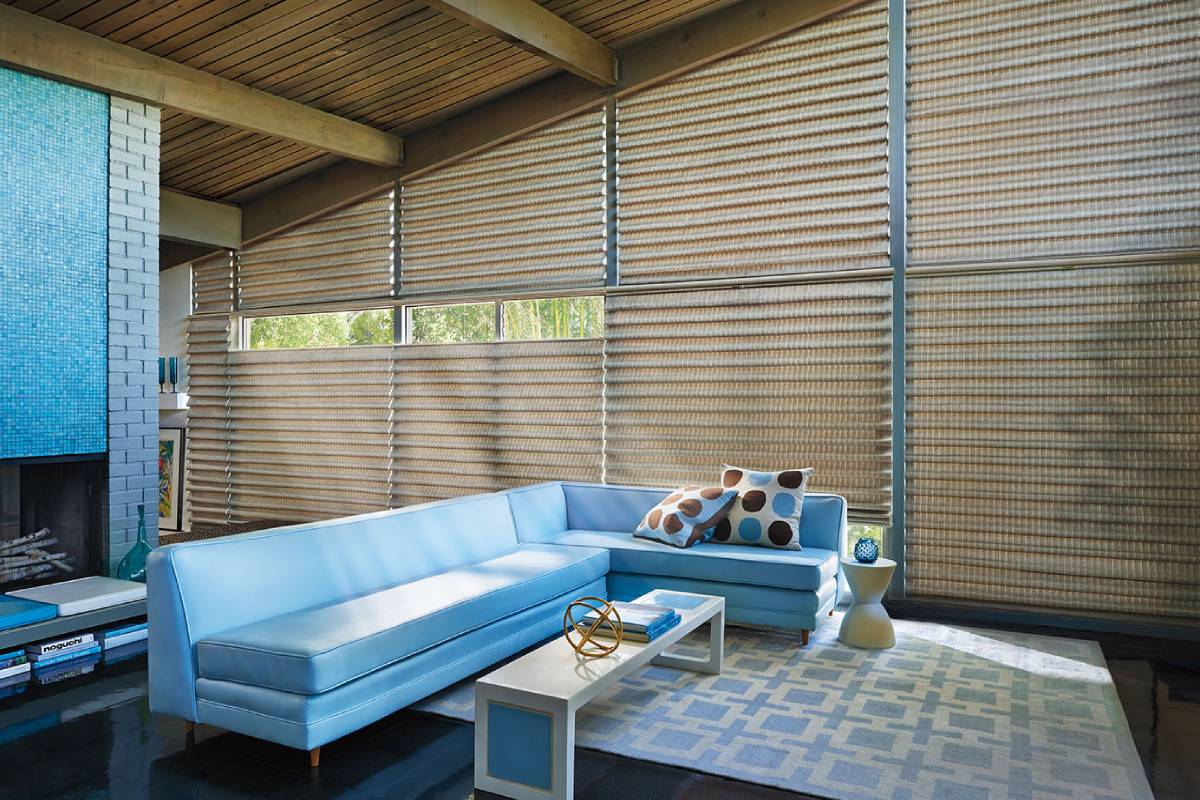 Hunter Douglas Vignette® Modern Roman Shades behind a blue couch near Elizabethtown, Kentucky (KY)