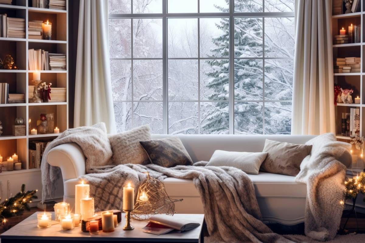 Comfy home living room in winter, outfitted with a couch with lots of blankets and candles around near Elizabethtown, Kentucky (KY)