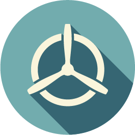 An icon of a propeller in a circle with a long shadow