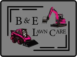 B&E Lawn Care logo with two pink landscaping machines on a gray background