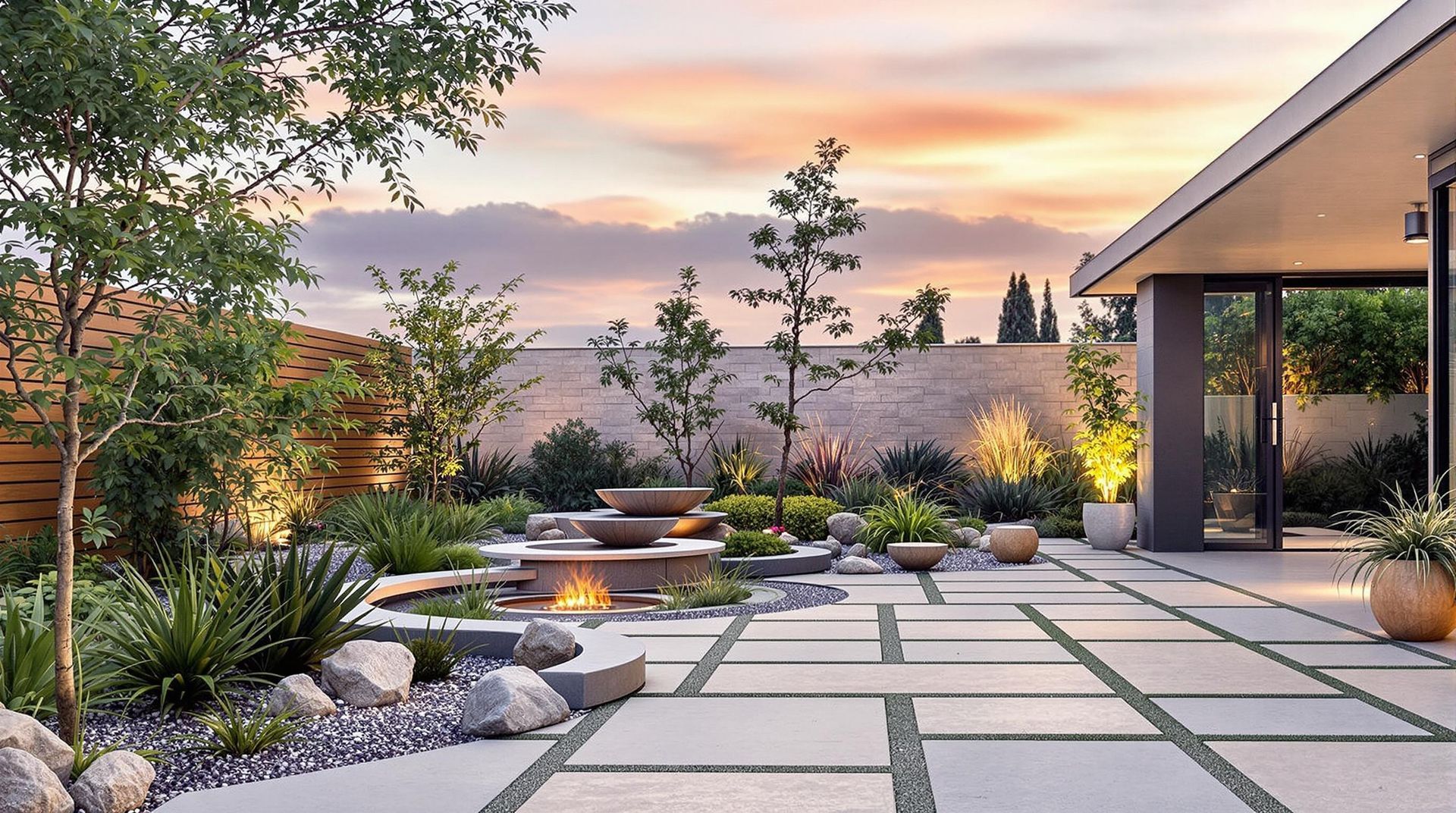 Modern landscaped patio with stone pavers, water feature, plants, and a sunset sky