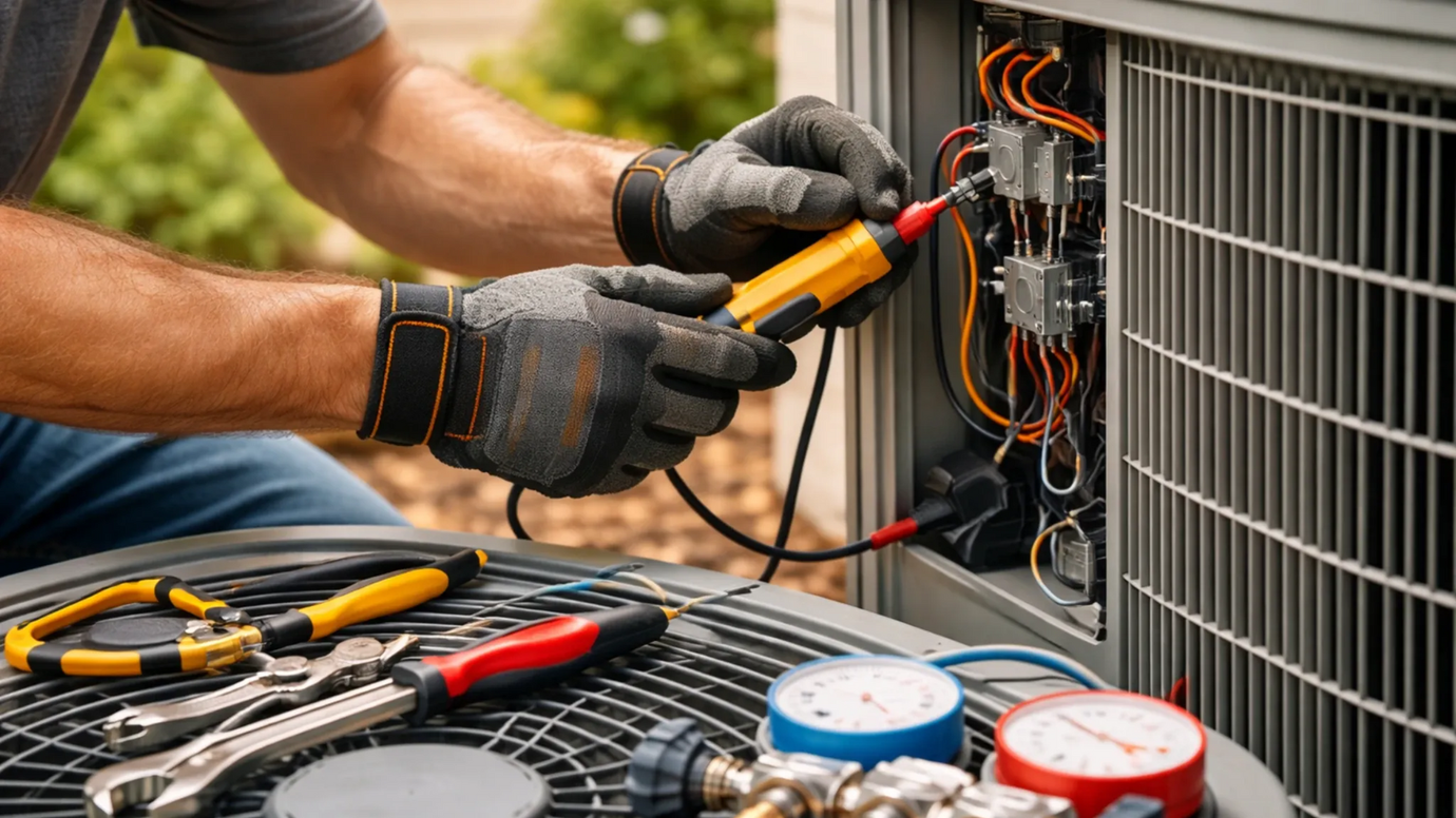 air conditioning repair service technician fixing AC unit