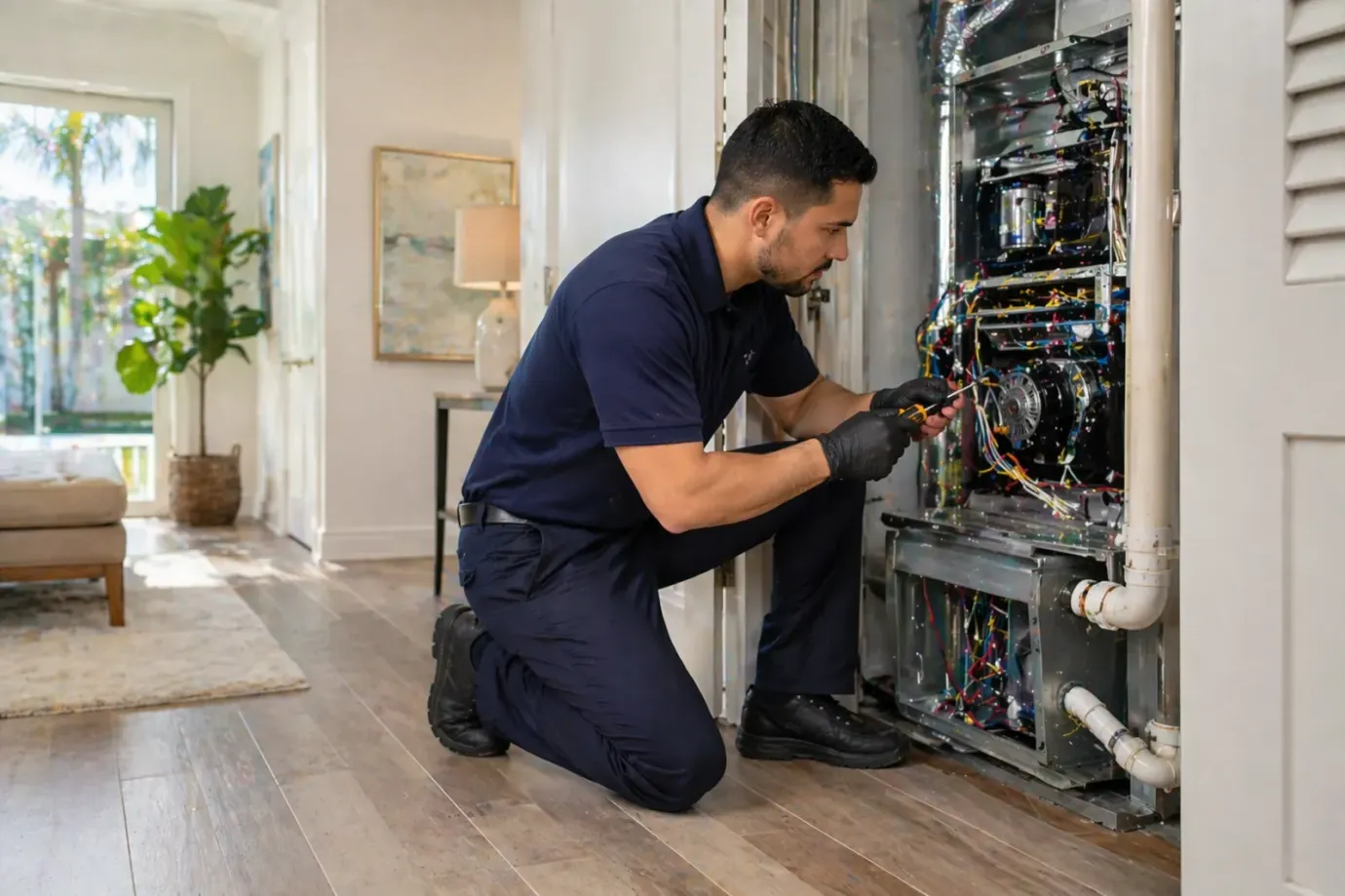 HVAC technician fixing furnace unit
