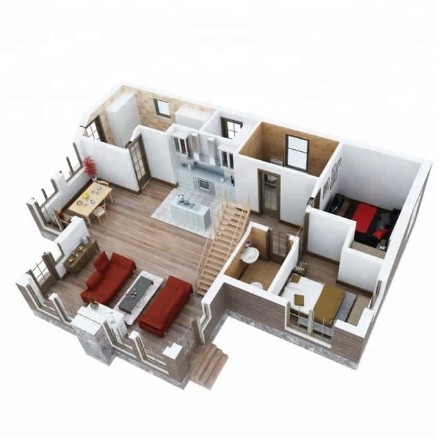 render 3d di appartamento con pavimento in legno