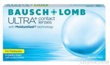 Bausch + Lomb ULTRA contact lenses box, blue and white packaging with water droplet graphic