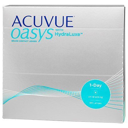 Acuvue Oasys 1-Day HydraLuxe contact lenses box, silver with teal accents