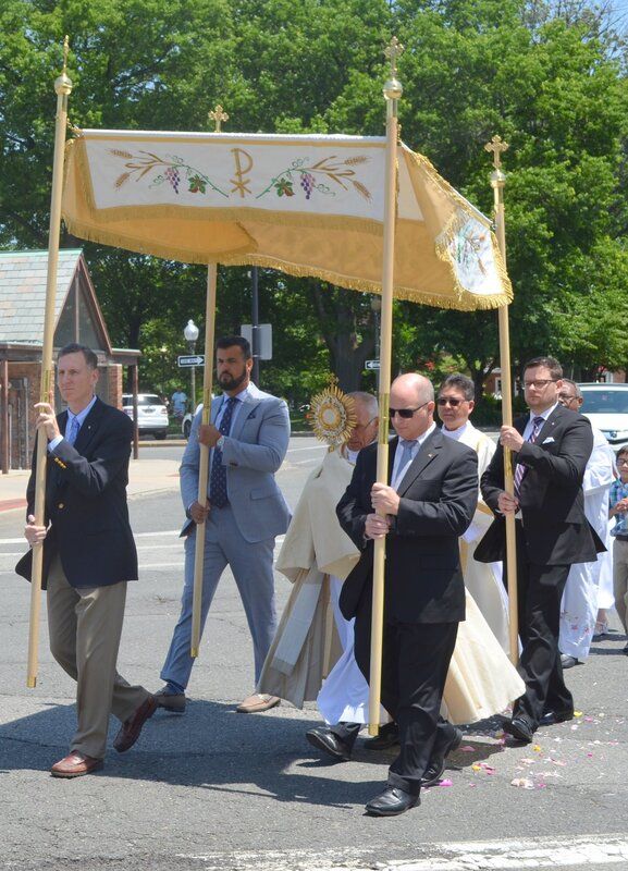 A group of men are walking down a street carrying flags and a banner that says ' the par ' on it.