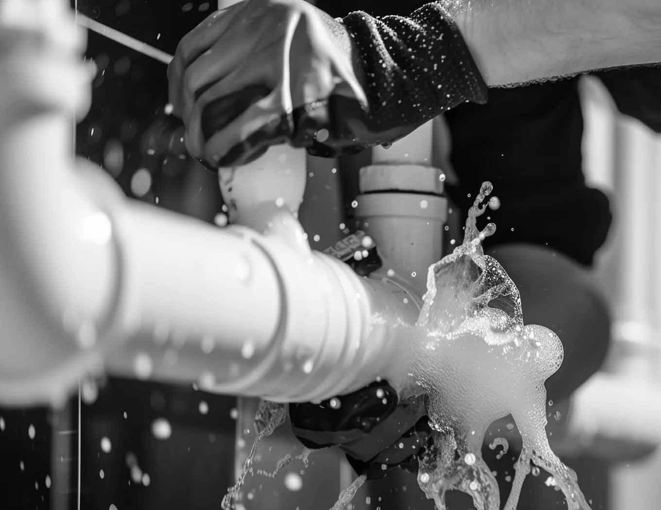 Une personne portant des gants répare une canalisation percée, de l'eau gicle.