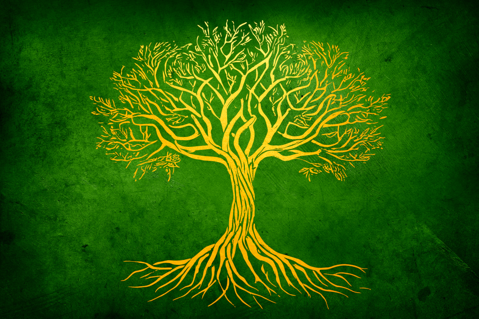 ein stilisierter goldener Baum auf grünem Grund