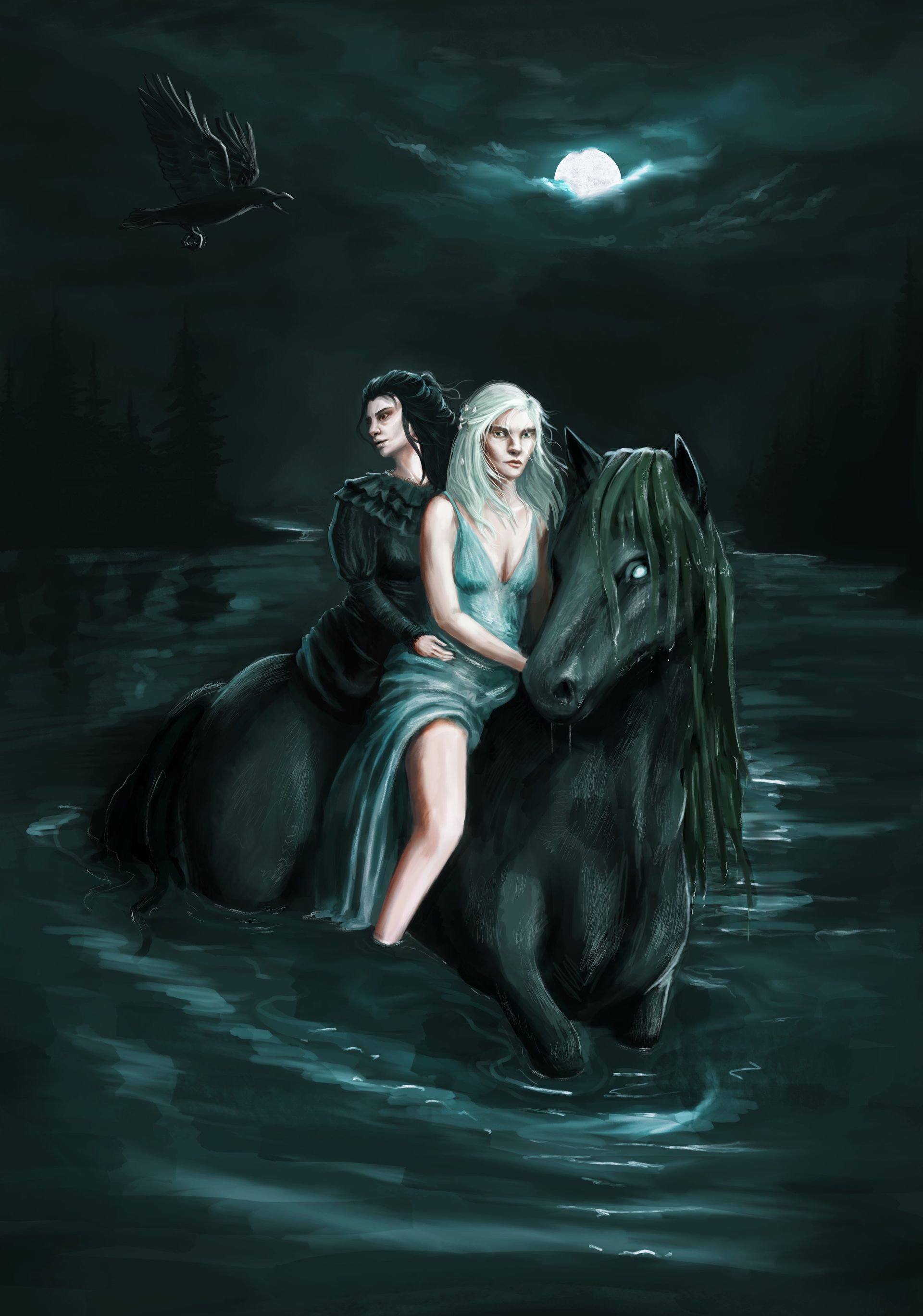 Ein Kelpie mit einer Sirene und einer Banshee auf dem Rücken. Der Wassergeist ragt halb aus einem dunklen See. Über eihnen fliegt eine Krähe und am Himmel scheint der Vollmond.