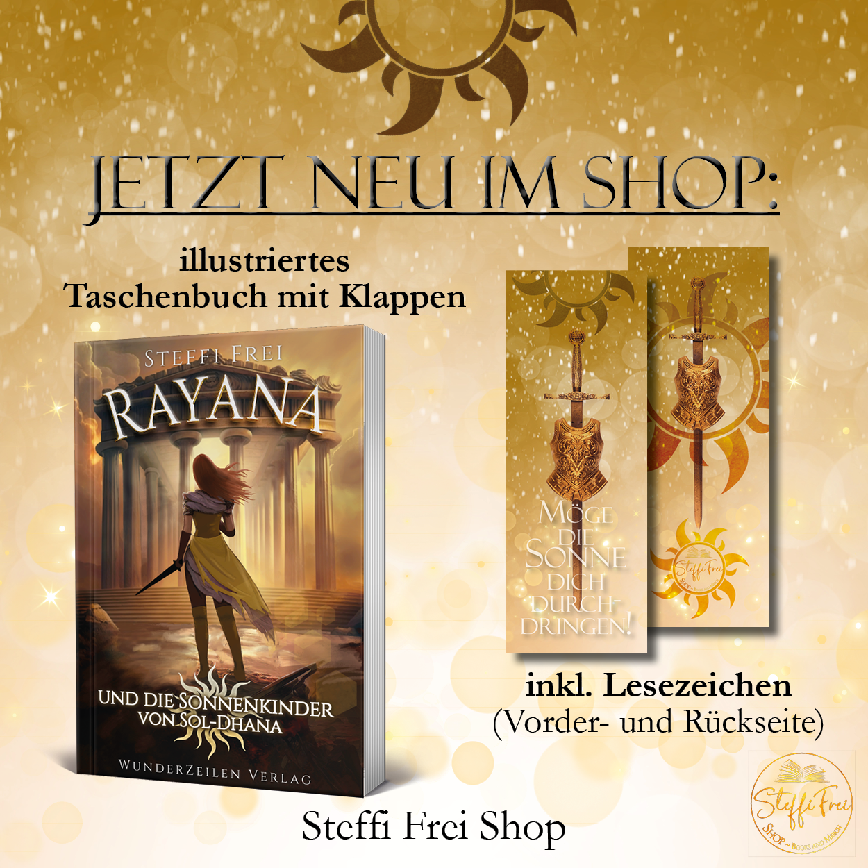 Mit sonnenlicht durchsetztes Design im Hintergrund. Vorne das Buch-Mock-Up von 