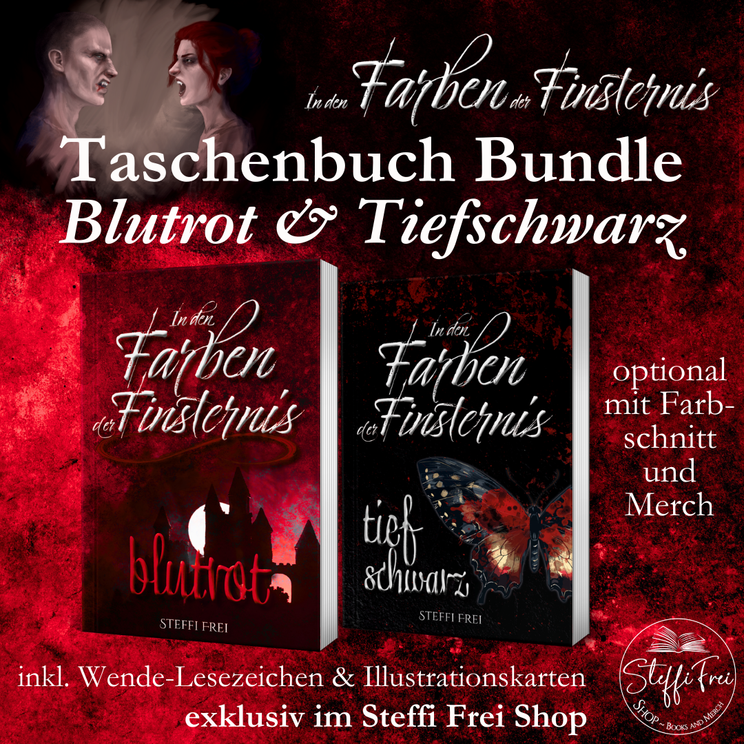 Digitales Bild. Roter Hintergrund mit illustration zweier Vampire in der linken oberen Ecke. Im Vordergrund sind zwei Mock-Ups von Taschenbüchern aus der Reihe 
