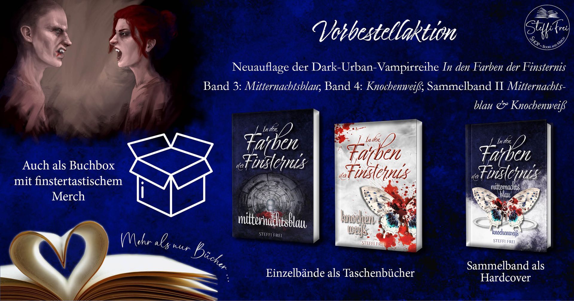 Buch-Mock-Ups auf blauem Grund mit Vampirillistration: Band 3 und 4 und der zweite Sammelband der