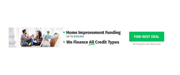 A banner ad for home improvement loans featuring a couple, bullet points on funding, and a green 