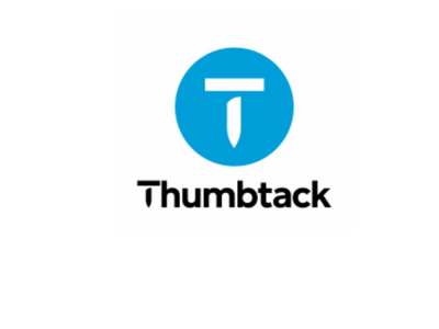 Thumbtack logo: a white stylized thumbtack icon inside a blue circle, with the text 