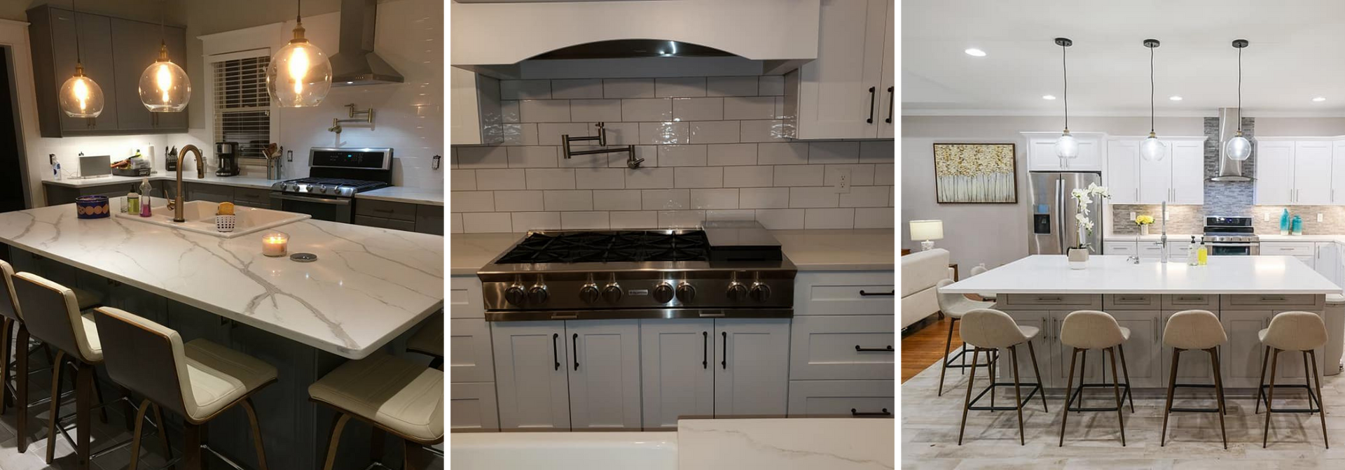 Three-panel view of a modern kitchen with a stone island, white cabinets, stainless steel appliances, and pendant lights.
