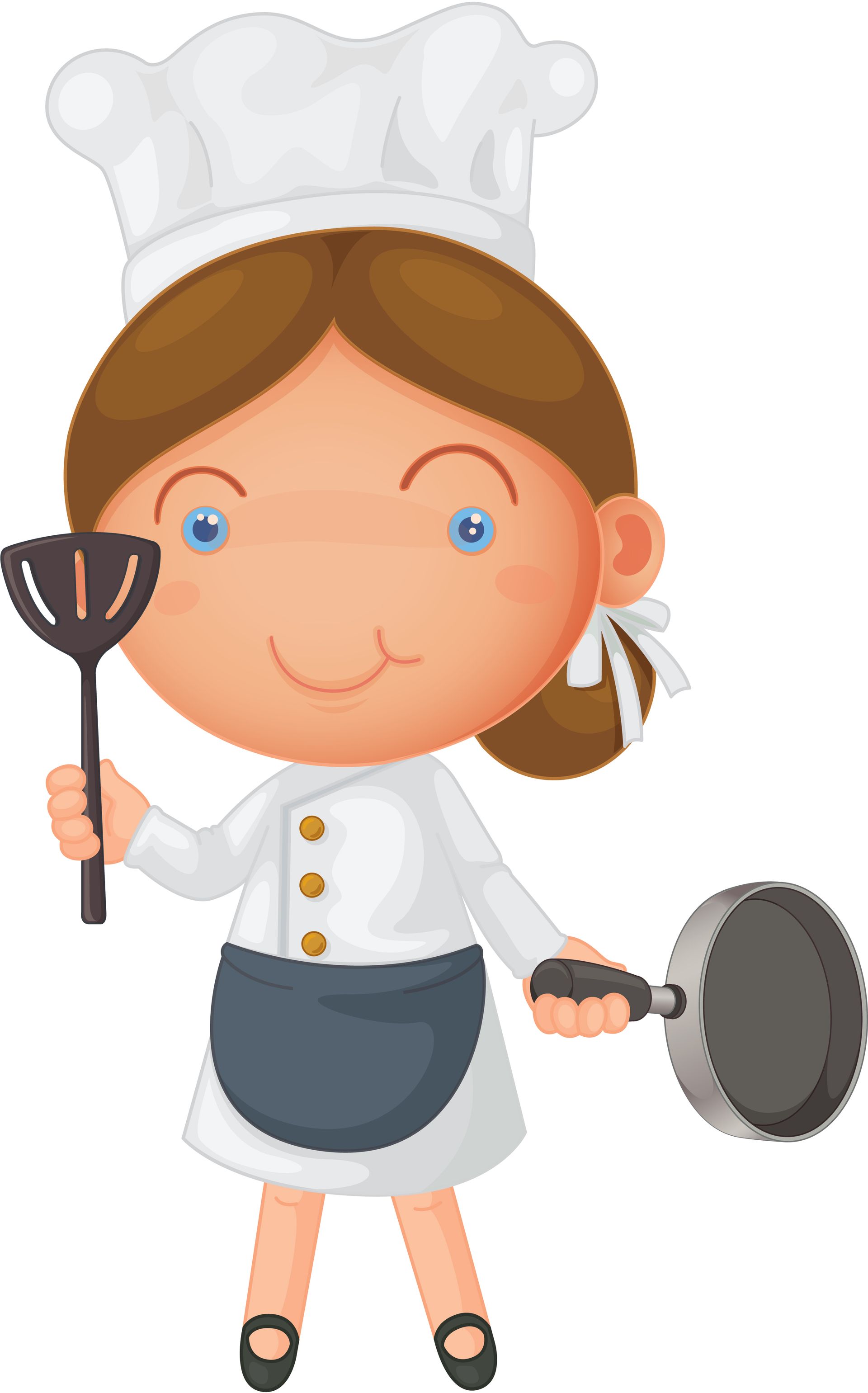 Chef holding spatula and frying pan, wearing a white uniform and hat.