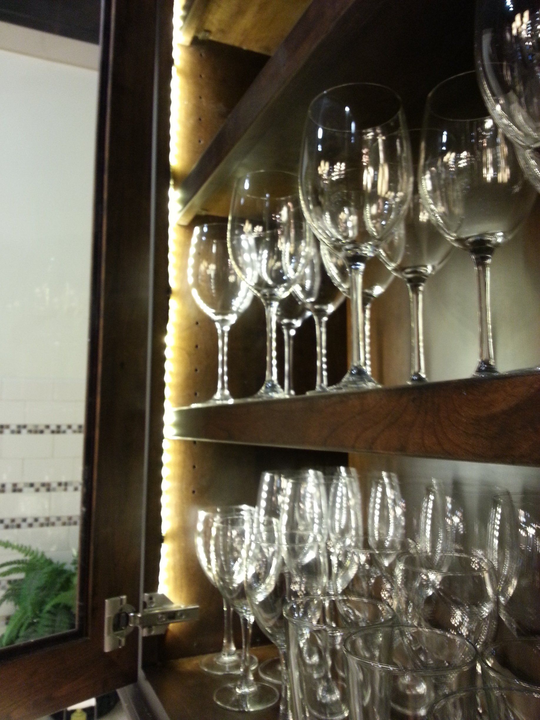 Alternate view Glass door kitchen cabinets with LED strip lights rope lights.