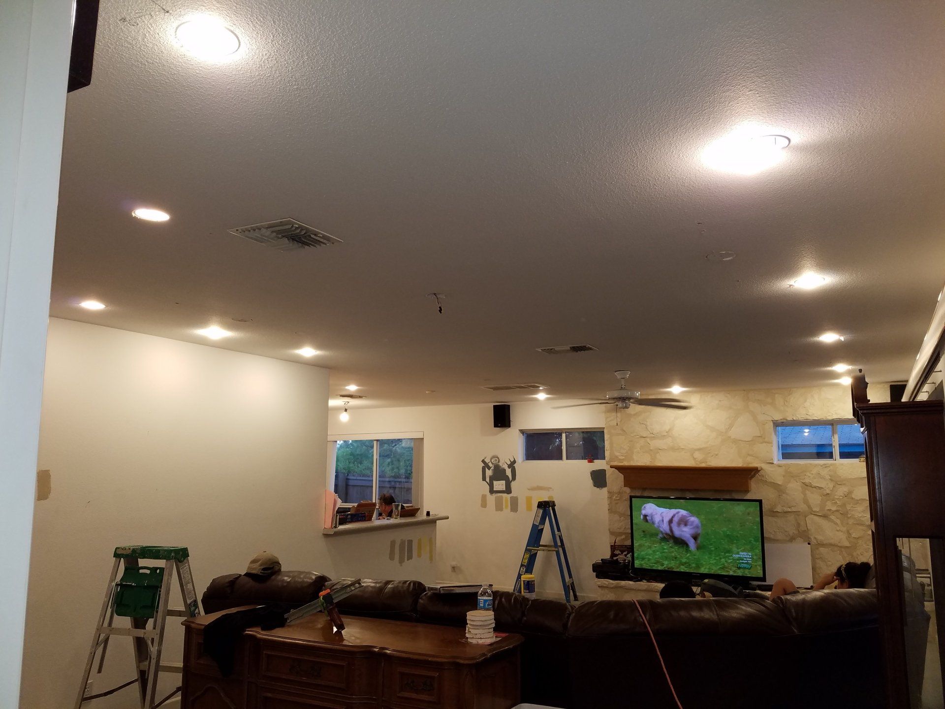 Cozy living room with recessed lighting.