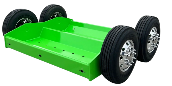 Green metal trailer with four tires. Green metal trailer with four tires.