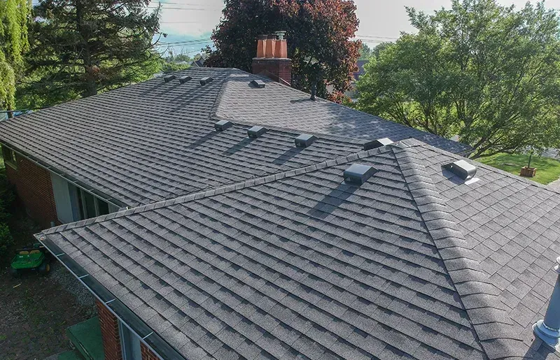 An elevated view of a residential asphalt shingle roof with several ventilation units, a chimney, and surrounding trees.