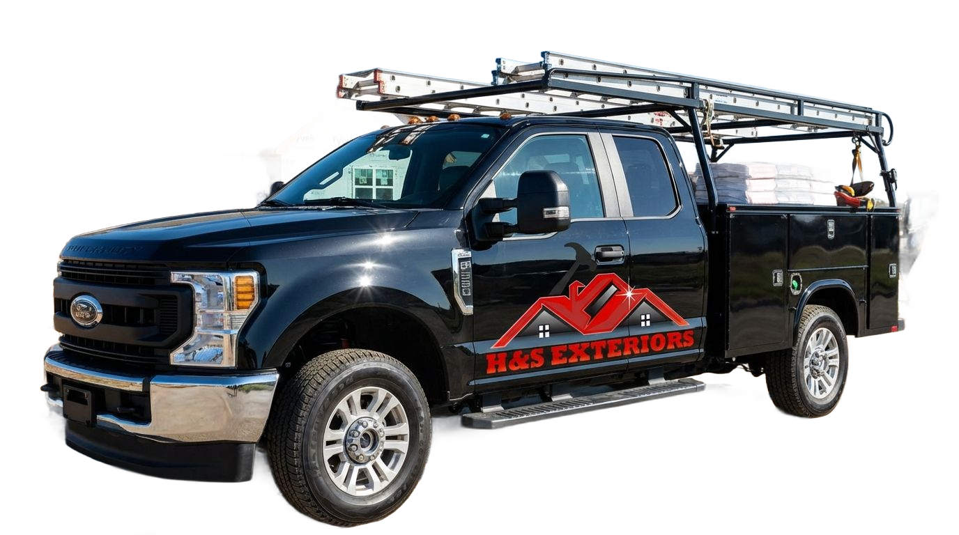 A black Ford work truck featuring a red 