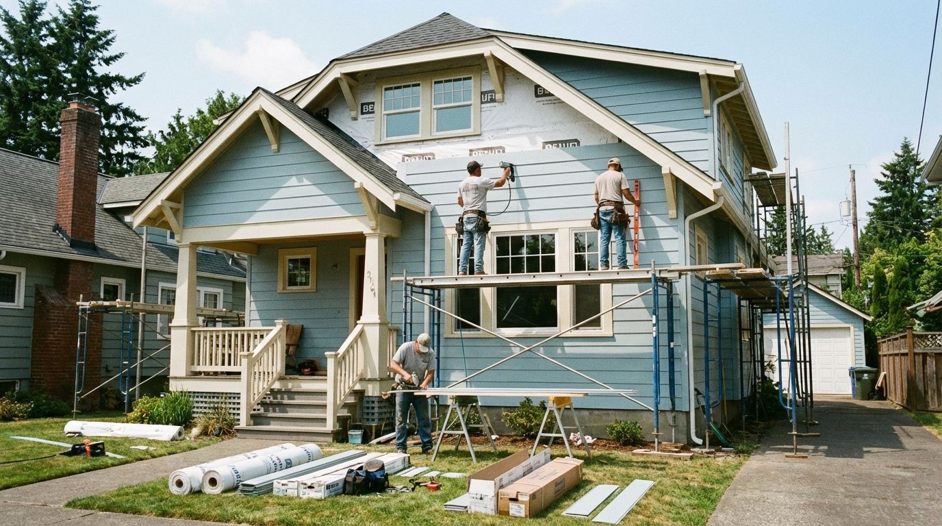 Three workers repair the light blue siding of a suburban house, using scaffolding and tools on a sunny day.