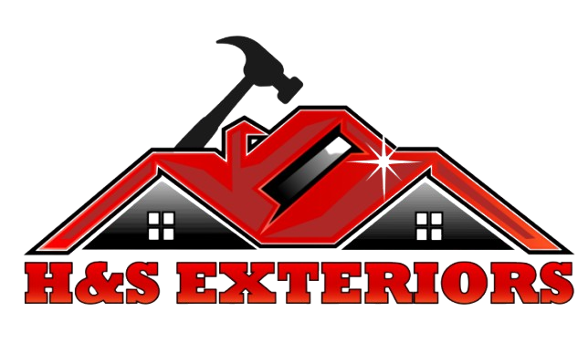 Logo for H&S Exteriors featuring a red roof silhouette, a black hammer, and two small house icons with white windows.