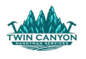 A logo for Twin Canyon Handyman Services with a mountain and two hammers