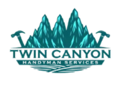 A logo for Twin Canyon Handyman Services with a mountain and two hammers