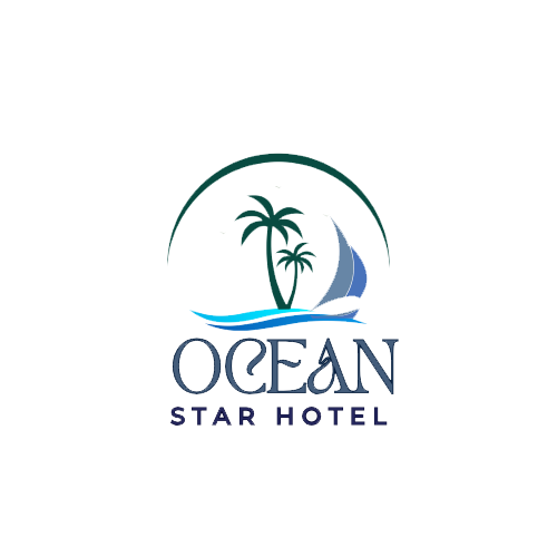 A logo for ocean star hotel with a sailboat and palm trees.