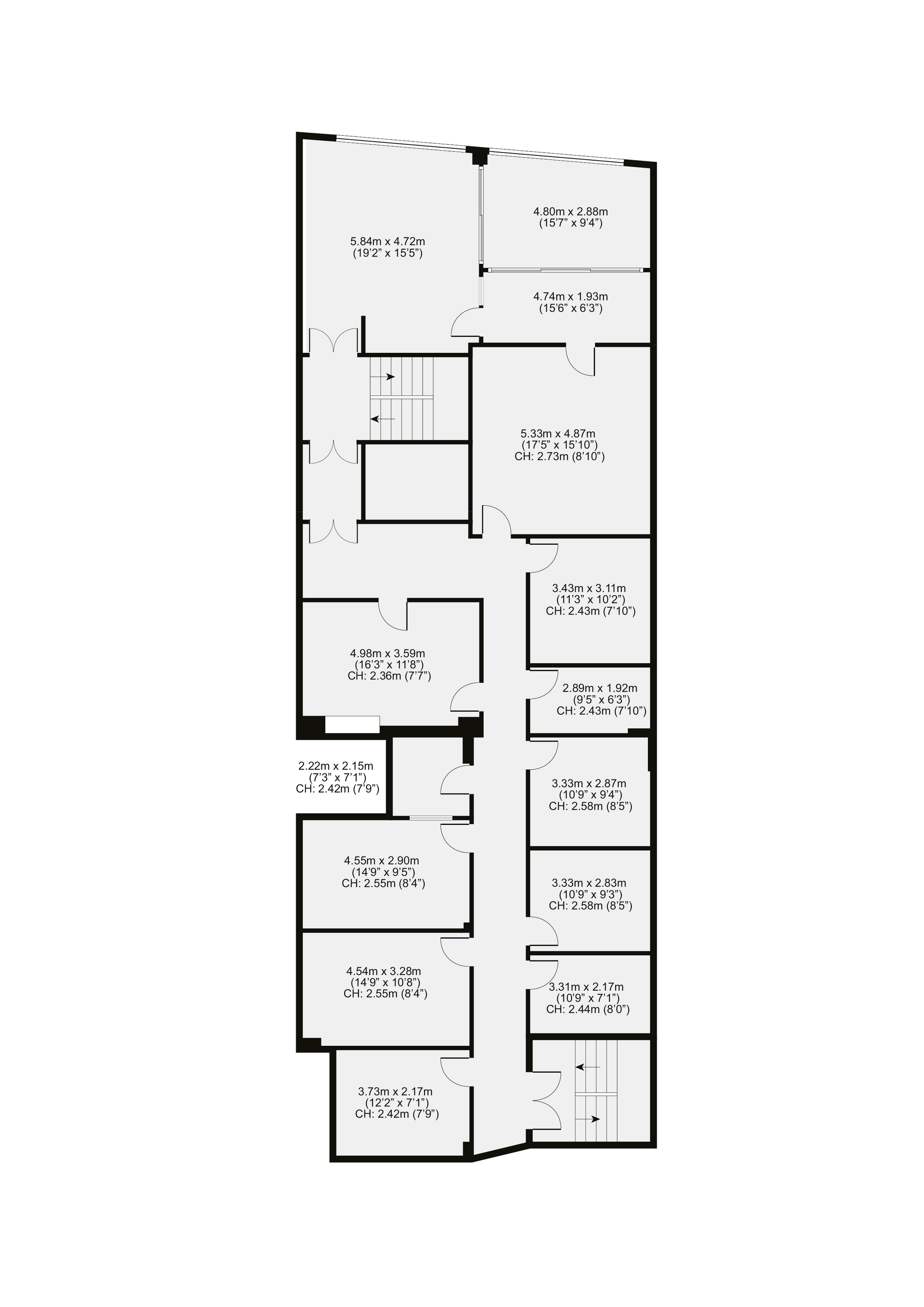 Floor plan of a long, narrow house; rooms labeled with dimensions, including bedrooms, living areas, and a kitchen.
