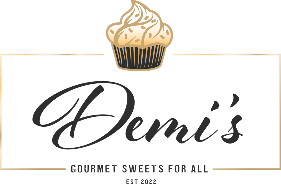 A logo for demi 's gourmet sweets for all with a cupcake on top.