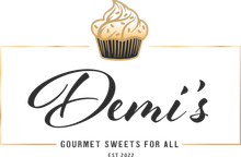 A logo for demi 's gourmet sweets for all with a cupcake on top.