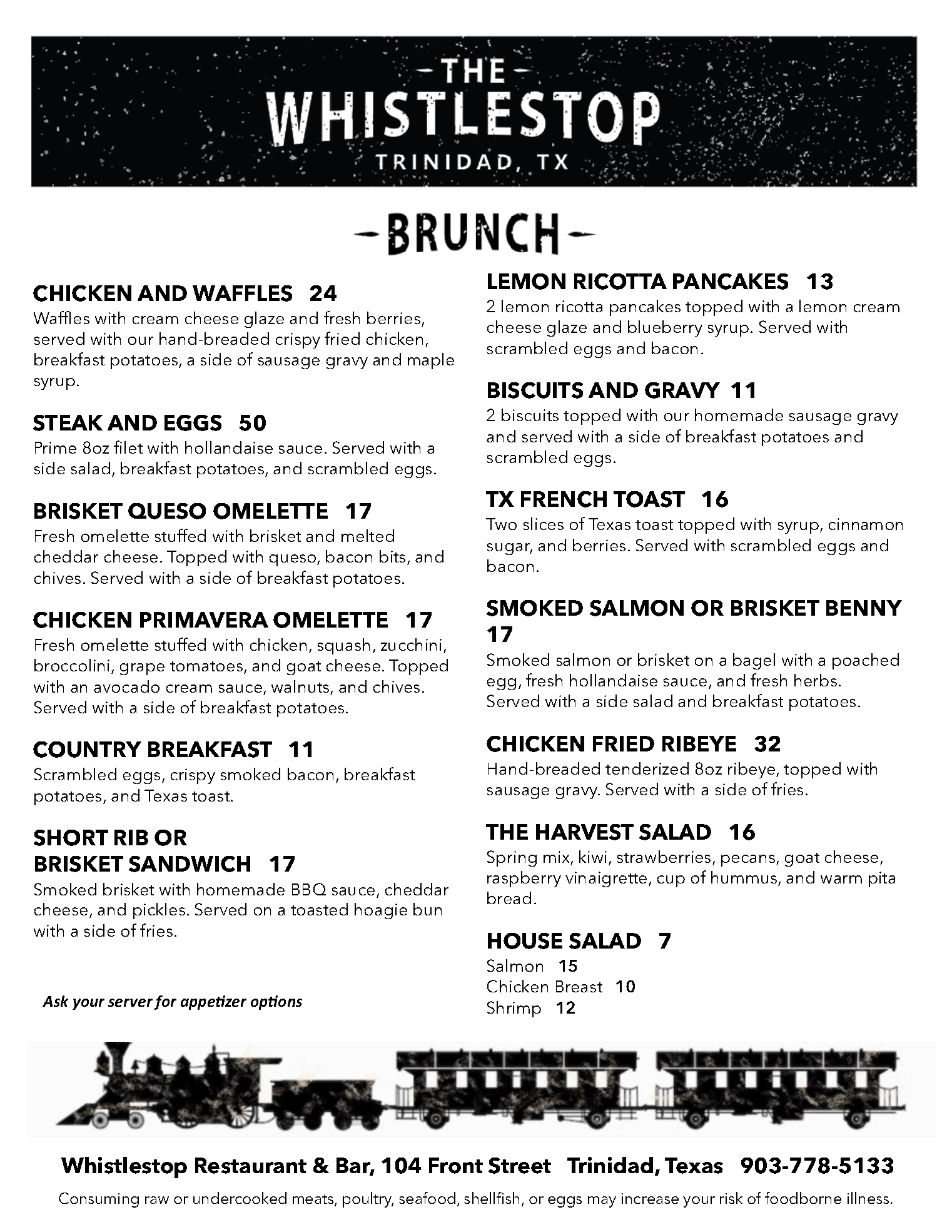 A menu for the whistlestop restaurant in trinidad , texas.