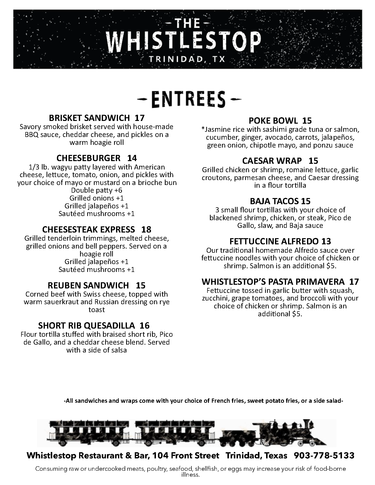 A menu for the whistlestop restaurant in trinidad , tx.