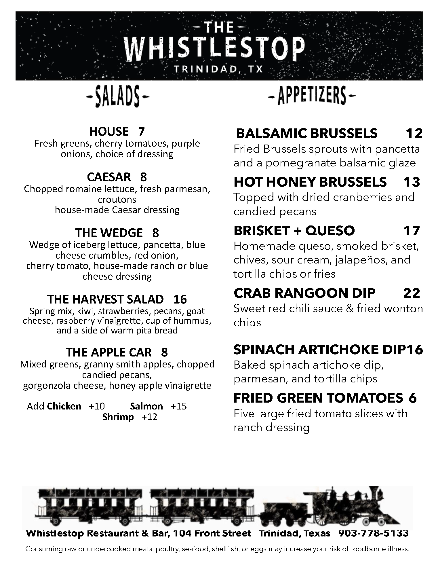 A menu for the whistlestop restaurant in trinidad , tx.