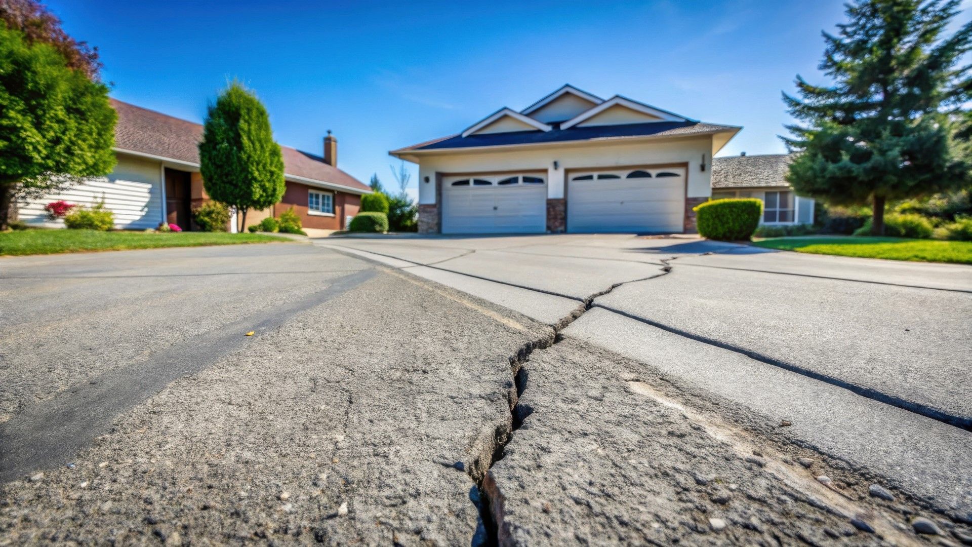 Cracked asphalt driveway in front of a two-car garage under a clear, blue sky.