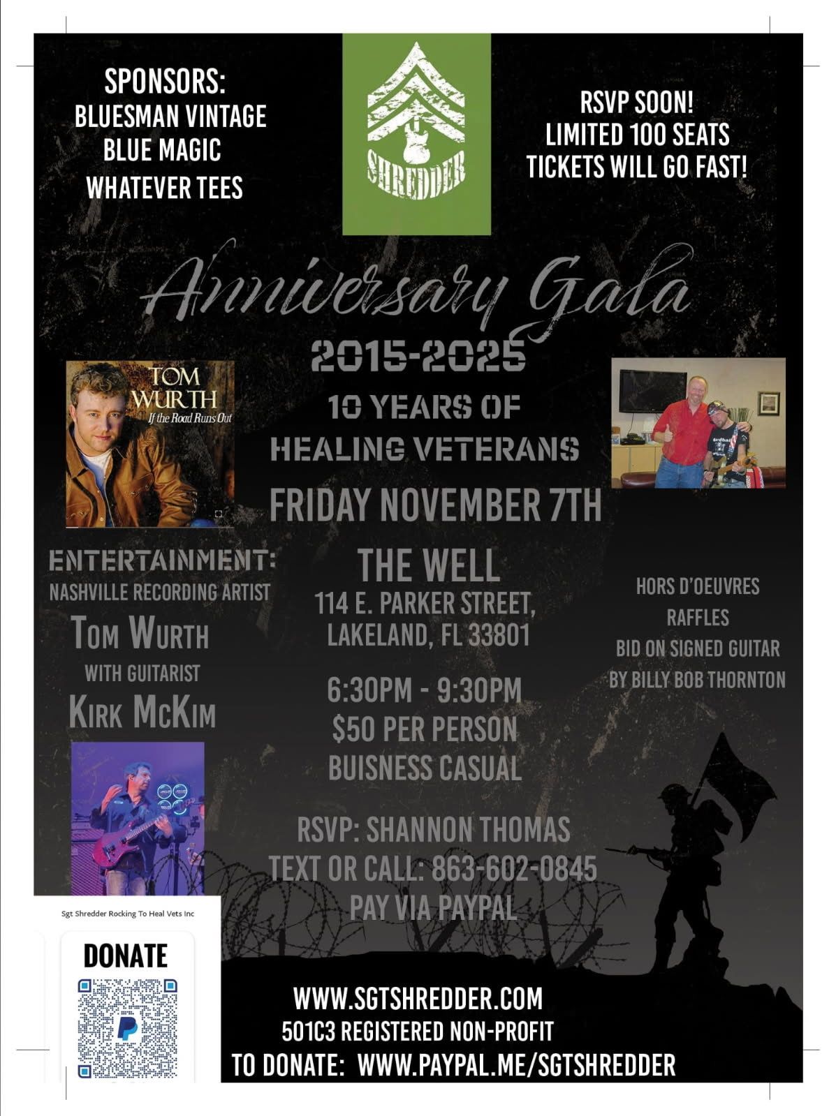 sgt shredder, event flyer, november 7 2025, lakeland, florida, veterans, the well, tom wurth, kirk mckim, shannon thomas, rsvp, fundraiser, non-profit, anniversary gala, bluesman vintage, blue magic, whatever tees,