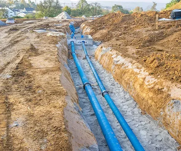 Blue Pipes Installed in a Trench on a Construction Site — SDA Plumbing in Alice Springs, NT