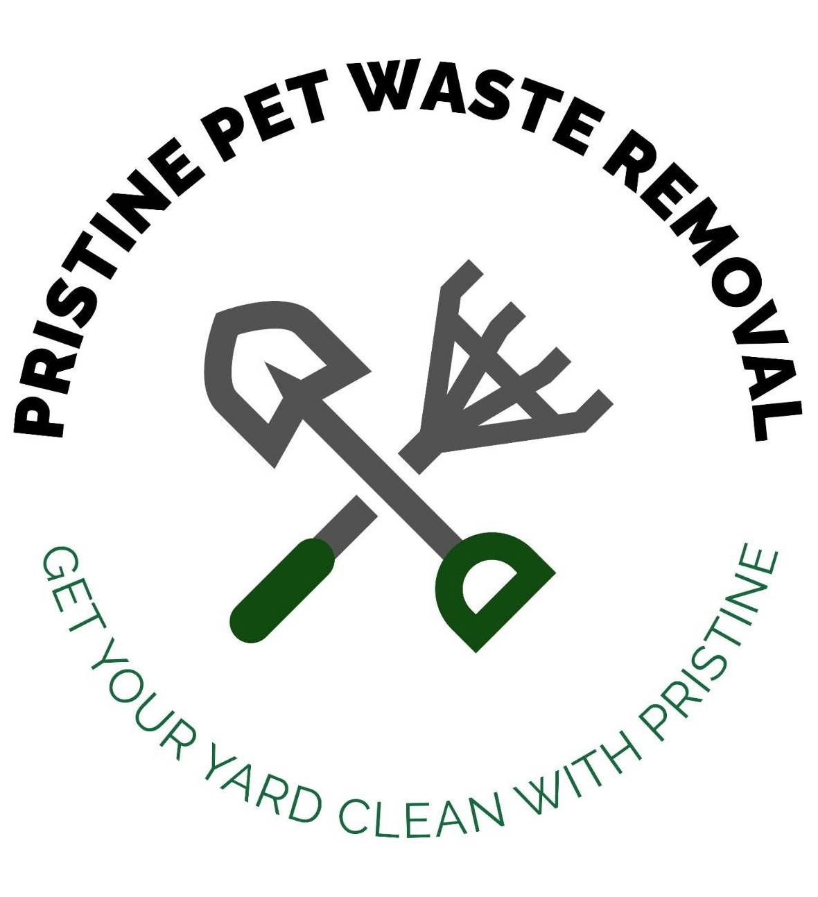 Logo: Gray shovel and rake crossed. Text reads "Pristine Pet Waste Removal" and "Get Your Yard Clean With Pristine".