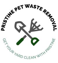Logo: Gray shovel and rake crossed. Text reads "Pristine Pet Waste Removal" and "Get Your Yard Clean With Pristine".
