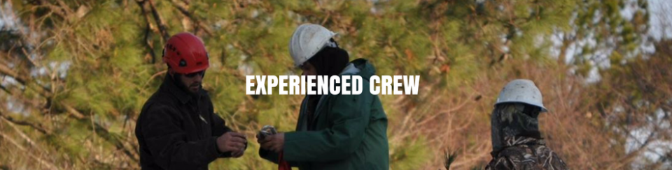 Three workers in helmets in a wooded area under the text “Experienced Crew”
