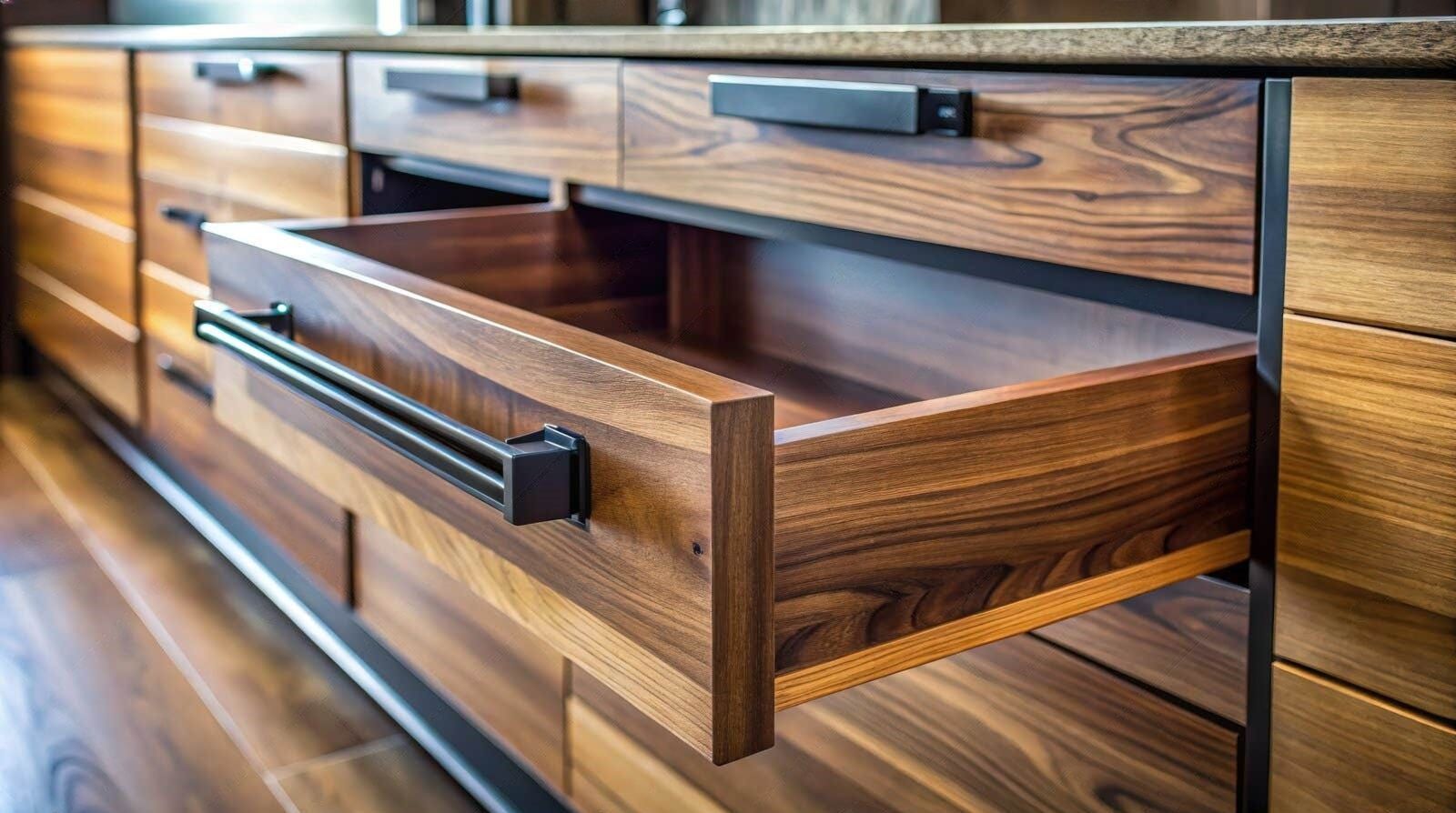 Open wooden kitchen drawer with black handle, showing interior.