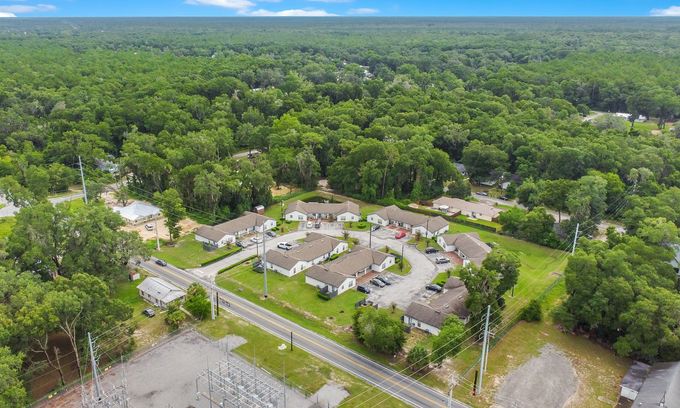 An aerial view of a residential area surrounded by trees and a road.